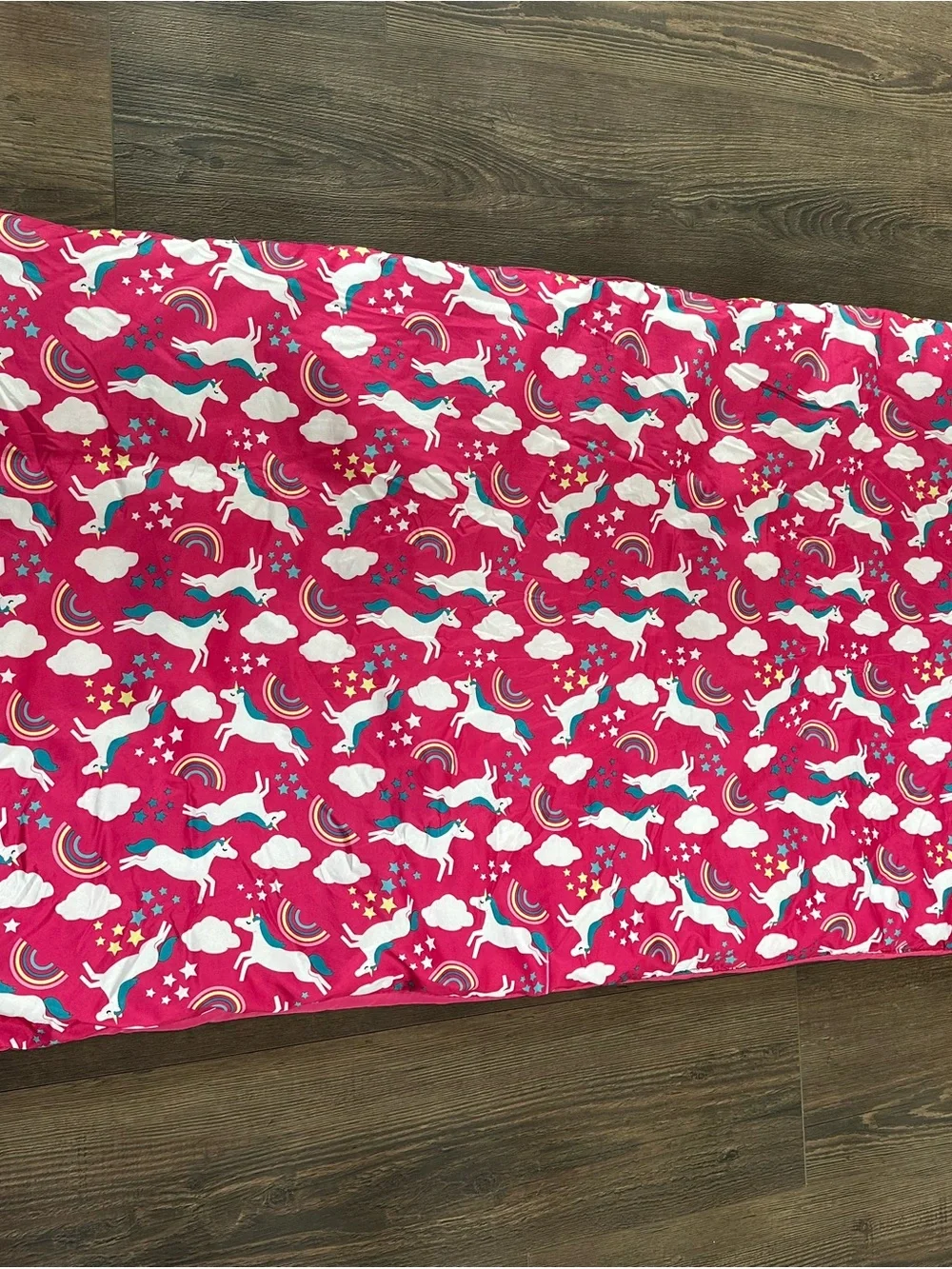 Kids Unicorn Print Backpack - Pink & Teal with sleeping bag inside